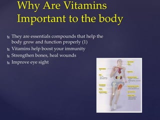 Why Are Vitamins 
Important to the body 
 They are essentials compounds that help the 
body grow and function properly (1) 
 Vitamins help boost your immunity 
 Strengthen bones, heal wounds 
 Improve eye sight 
 