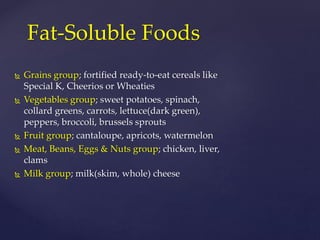 Fat-Soluble Foods 
 Grains group; fortified ready-to-eat cereals like 
Special K, Cheerios or Wheaties 
 Vegetables group; sweet potatoes, spinach, 
collard greens, carrots, lettuce(dark green), 
peppers, broccoli, brussels sprouts 
 Fruit group; cantaloupe, apricots, watermelon 
 Meat, Beans, Eggs & Nuts group; chicken, liver, 
clams 
 Milk group; milk(skim, whole) cheese 
 