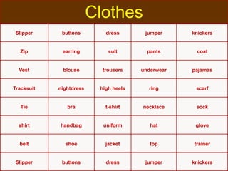 Slipper buttons dress jumper knickers
Zip earring suit pants coat
Vest blouse trousers underwear pajamas
Tracksuit nightdress high heels ring scarf
Tie bra t-shirt necklace sock
shirt handbag uniform hat glove
belt shoe jacket top trainer
Slipper buttons dress jumper knickers
Clothes
 