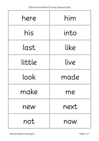100 Essential Words (16 most frequent first)
www.familylearning.org.uk Page 4 of 7
here him
his into
last like
little live
look made
make me
new next
not now
 