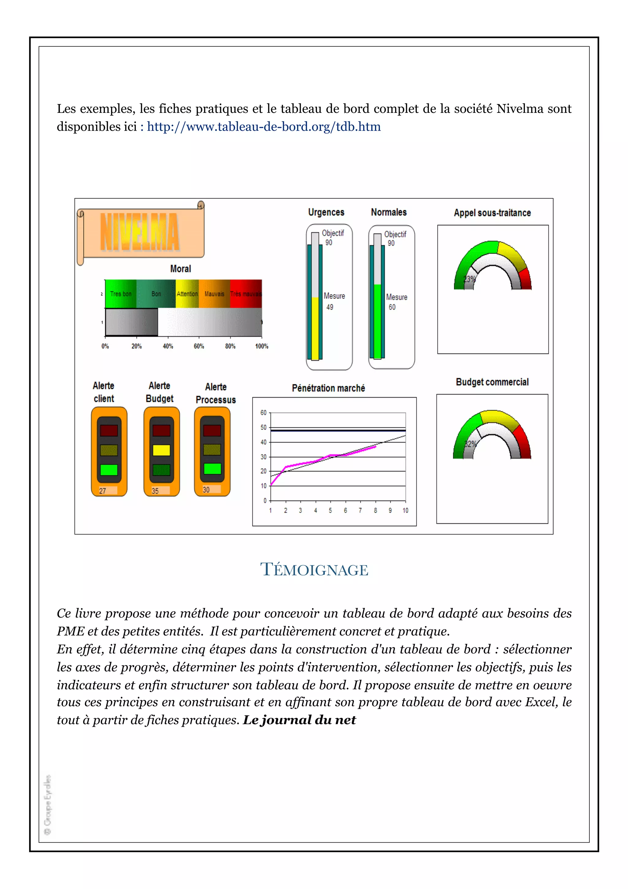 Les exemples, les fiches pratiques et le tableau de bord complet de la société Nivelma sont
disponibles ici : http://www.tableau-de-bord.org/tdb.htm
TÉMOIGNAGE
Ce livre propose une méthode pour concevoir un tableau de bord adapté aux besoins des
PME et des petites entités. Il est particulièrement concret et pratique.
En effet, il détermine cinq étapes dans la construction d'un tableau de bord : sélectionner
les axes de progrès, déterminer les points d'intervention, sélectionner les objectifs, puis les
indicateurs et enfin structurer son tableau de bord. Il propose ensuite de mettre en oeuvre
tous ces principes en construisant et en affinant son propre tableau de bord avec Excel, le
tout à partir de fiches pratiques. Le journal du net
 