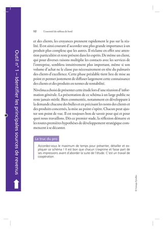©GroupeEyrolles
12 L’essentiel du tableau de bord
Outiln° 1–Identifierlesprincipalessourcesde revenus
➡
et des clients, les croyances prennent rapidement le pas sur la réa-
lité. Il est ainsi courant d’accorder une plus grande importance à un
produit plus complexe que les autres. Il réclame en effet une atten-
tion particulièreet reste présentdanslesesprits.Demêmeunclient,
qui pour diverses raisons multiplie les contacts avec les services de
l’entreprise, semblera intuitivement plus important, même si son
volume d’achat ne le classe pas nécessairement en tête du palmarès
des clients d’excellence. Cette phase préalable tient lieu de mise au
point et permet justement de diffuser largement cette connaissance
des clients et des produits en termes de rentabilité.
Nivelmaachoisideprésentercetteétudelorsd’uneréuniond’infor-
mation générale. La présentation de ce schéma à un large public ne
reste jamais stérile. Bien commentée, notamment en développant à
la demande chacune des bulles et en précisant les noms des clients et
des produits concernés, la mise au point s’opère. Chacun peut ajus-
ter son point de vue. Il est toujours bon de savoir pour qui et pour
quoi nous travaillons. Dès ce premier stade, la réflexion démarre et
lestoutespremièreshypothèsesdedéveloppementstratégiquecom-
mencent à se décanter.
Le truc du pro
Accordez-vous le maximum de temps pour présenter, détailler et ex-
pliquer ce schéma ! Il est bon que chacun s’exprime et fasse part de
ses impressions avant d’aborder la suite de l’étude. C’est un travail de
coopération.
7273_.indb 12 12/12/2017 17:02
 