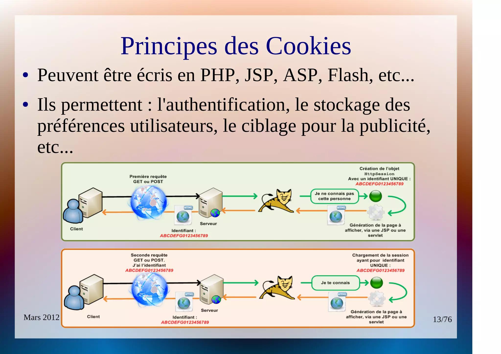 Principes des Cookies
●   Peuvent être écris en PHP, JSP, ASP, Flash, etc...
●   Ils permettent : l'authentification, le stockage des
    préférences utilisateurs, le ciblage pour la publicité,
    etc...




Mars 2012            L'essentiel des Architectures Internet et Intranet          13/76
                          Auteur Emmanuelle POULAIN – http://www.idnetinfo.net
 