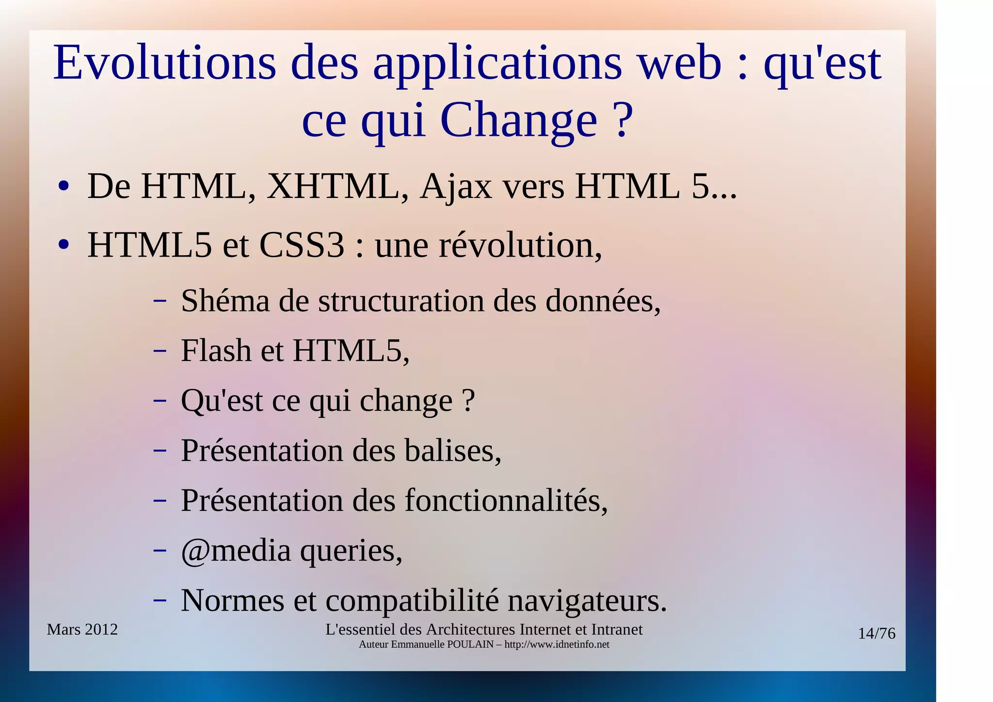 Evolutions des applications web : qu'est
           ce qui Change ?
 ●   De HTML, XHTML, Ajax vers HTML 5...
 ●   HTML5 et CSS3 : une révolution,
            –   Shéma de structuration des données,
            –   Flash et HTML5,
            –   Qu'est ce qui change ?
            –   Présentation des balises,
            –   Présentation des fonctionnalités,
            –   @media queries,
            –   Normes et compatibilité navigateurs.
Mars 2012                  L'essentiel des Architectures Internet et Intranet          14/76
                                Auteur Emmanuelle POULAIN – http://www.idnetinfo.net
 