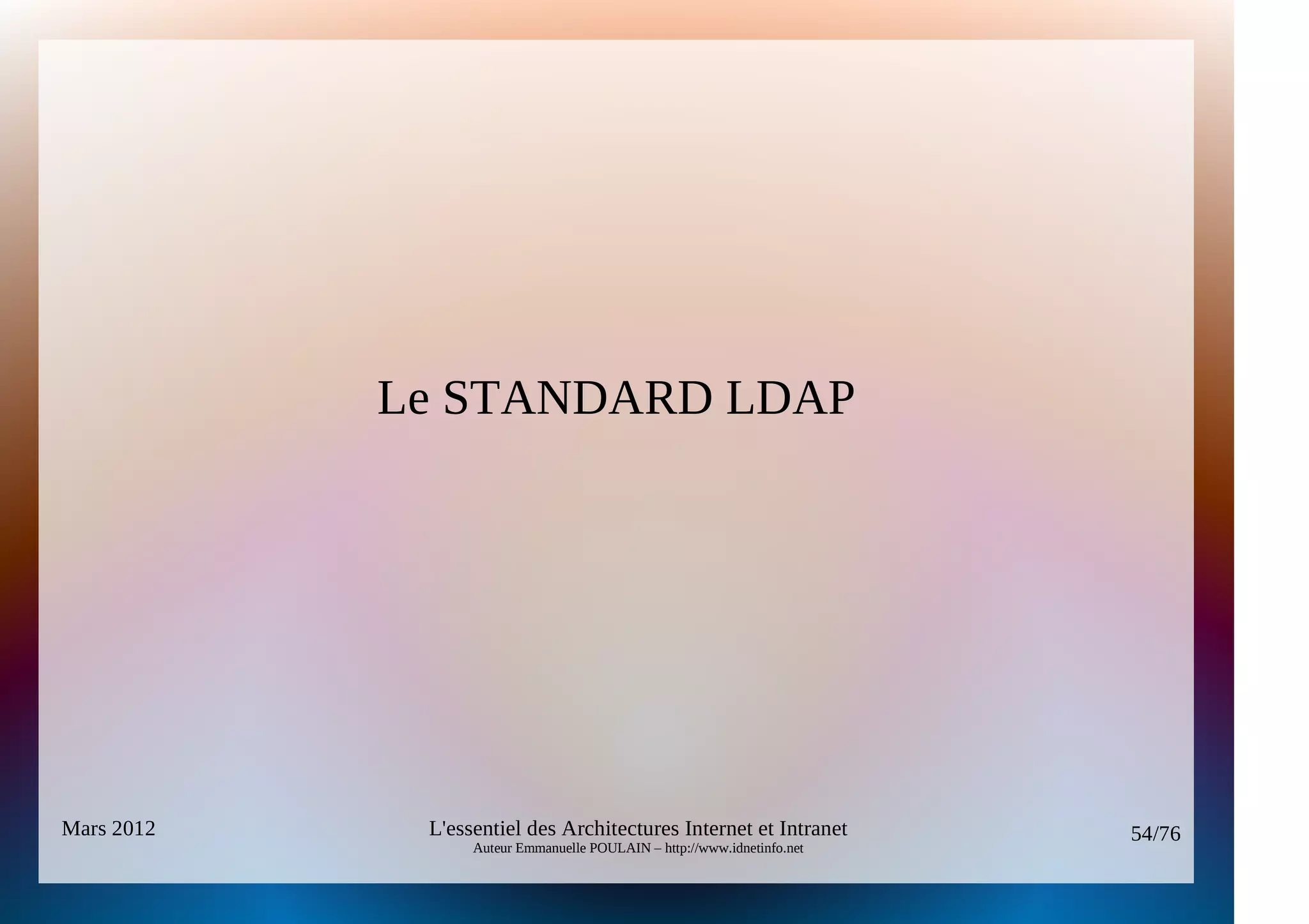 Le STANDARD LDAP




Mars 2012    L'essentiel des Architectures Internet et Intranet          54/76
                  Auteur Emmanuelle POULAIN – http://www.idnetinfo.net
 