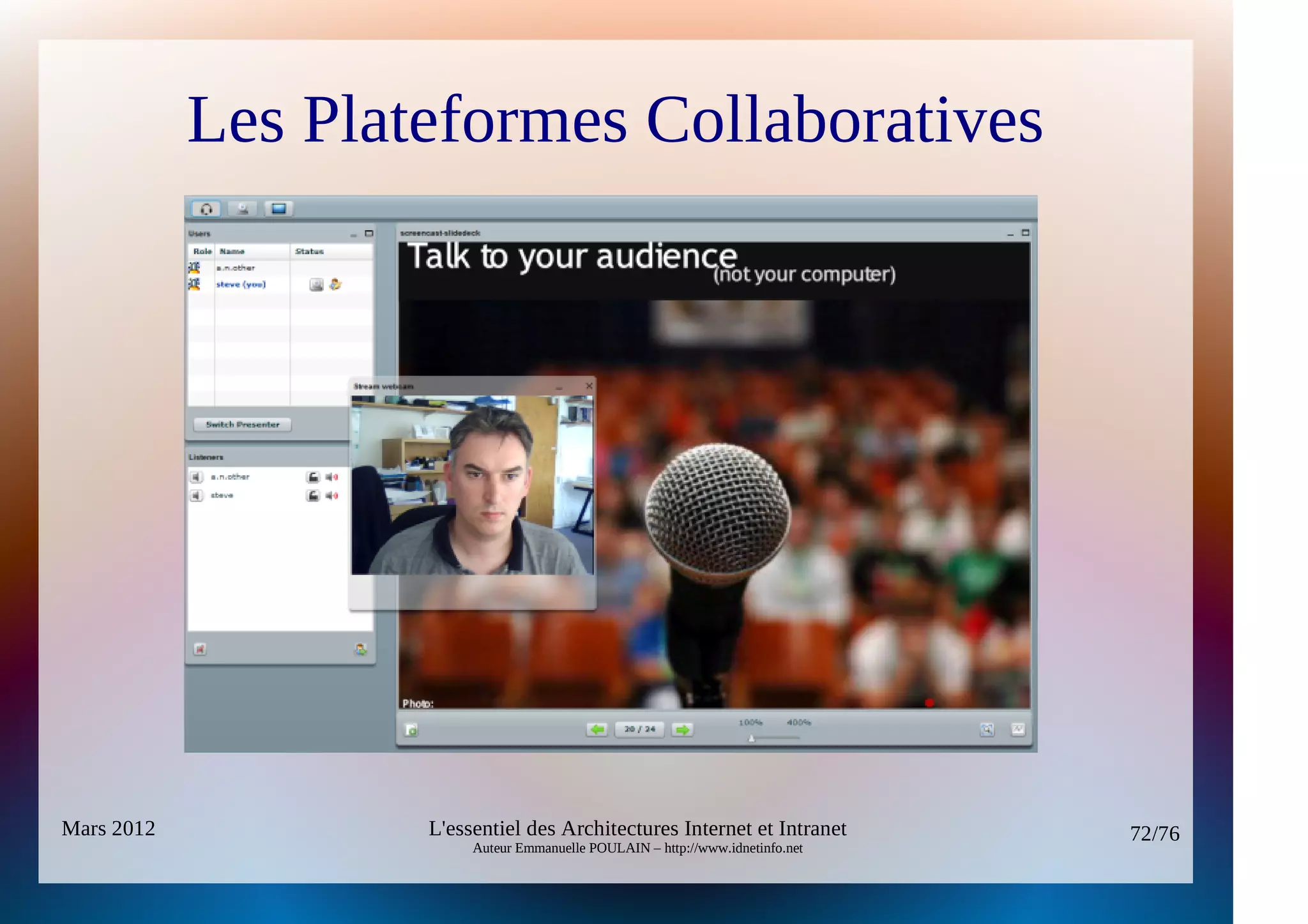 Les Plateformes Collaboratives




Mars 2012           L'essentiel des Architectures Internet et Intranet          72/76
                         Auteur Emmanuelle POULAIN – http://www.idnetinfo.net
 