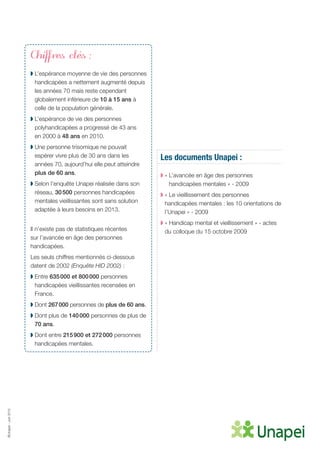 ©Unapei-Juin2015
Chiffres clés :
◗ L’espérance moyenne de vie des personnes
handicapées a nettement augmenté depuis
les années 70 mais reste cependant
globalement inférieure de 10 à 15 ans à
celle de la population générale.
◗ L’espérance de vie des personnes
polyhandicapées a progressé de 43 ans
en 2000 à 48 ans en 2010.
◗ Une personne trisomique ne pouvait
espérer vivre plus de 30 ans dans les
années 70, aujourd’hui elle peut atteindre
plus de 60 ans.
◗ Selon l’enquête Unapei réalisée dans son
réseau, 30 500 personnes handicapées
mentales vieillissantes sont sans solution
adaptée à leurs besoins en 2013.
Il n’existe pas de statistiques récentes
sur l’avancée en âge des personnes
handicapées.
Les seuls chiffres mentionnés ci-dessous
datent de 2002 (Enquête HID 2002) :
◗ Entre 635 000 et 800 000 personnes
handicapées vieillissantes recensées en
France.
◗ Dont 267 000 personnes de plus de 60 ans.
◗ Dont plus de 140 000 personnes de plus de
70 ans.
◗ Dont entre 215 900 et 272 000 personnes
handicapées mentales.
Les documents Unapei :
◗ « L’avancée en âge des personnes
handicapées mentales » - 2009
◗ « Le vieillissement des personnes
handicapées mentales : les 10 orientations de
l’Unapei » - 2009
◗ « Handicap mental et vieillissement » - actes
du colloque du 15 octobre 2009
 