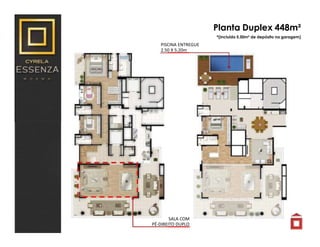 Planta Duplex 448m²
*(incluído 5.50m² de depósito na garagem)
PISCINA ENTREGUE
2.50 X 5.20m
SALA COM
PÉ-DIREITO DUPLO
 