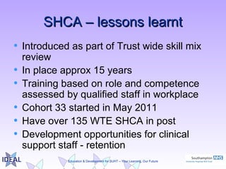 Education & Development for SUHT – Your Learning, Our Future
SHCA – lessons learntSHCA – lessons learnt
• Introduced as part of Trust wide skill mix
review
• In place approx 15 years
• Training based on role and competence
assessed by qualified staff in workplace
• Cohort 33 started in May 2011
• Have over 135 WTE SHCA in post
• Development opportunities for clinical
support staff - retention
 