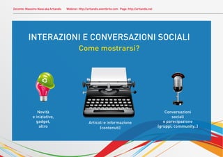 Docente: Massimo Nava aka Artlandis   Webinar: http://artlandis.eventbrite.com Page: http://artlandis.net




          INTERAZIONI E CONVERSAZIONI SOCIALI
                                               Come mostrarsi?




                 Novità                                                                                         Conversazioni
              e iniziative,                                                                                        sociali
                gadget,                                Articoli e informazione                                 e parecipazione
                  altro                                      (contenuti)                                    (gruppi, community..)
 