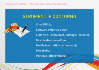 Docente: Massimo Nava aka Artlandis   Webinar: http://artlandis.eventbrite.com Page: http://artlandis.net




                           STRUMENTI E CONTORNO
                                                 Il tuo Ufﬁcio;
                                                 Software e licenze d’uso;
                                                 Librerie di lavoro (font, immagini, risorse);
                                                 Gestionali online/ofﬂine;
                                                 Mobile (contratti / connessione);
                                                 Modulistica;
                                                 Portfolio (ofﬂine/online)
 
