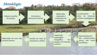 Metodologia:
Debate e escolha
do projeto;
Entrevista a
técnica de turismo;
Aprofundamento
dos conhecimentos
acerca dos locais
escolhidos;
Elaboração,
realização e
tratamento de
inquéritos;
Levantamento de
sítios de interesse
turístico e paisagístico;
Exploração e
reportagem
fotográfica dos
espaços de interesse
turístico.
Escolha do meio de
transporte a utilizar;
Elaboração de uma rota
turística atrativa.
 