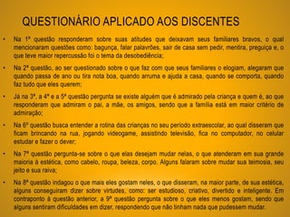 QUESTIONÁRIO APLICADO AOS DISCENTES
• Na 1ª questão responderam sobre suas atitudes que deixavam seus familiares bravos, o qual
mencionaram questões como: bagunça, falar palavrões, sair de casa sem pedir, mentira, preguiça e, o
que teve maior repercussão foi o tema da desobediência;
• Na 2ª questão, ao ser questionado sobre o que faz com que seus familiares o elogiam, alegaram que
quando passa de ano ou tira nota boa, quando arruma e ajuda a casa, quando se comporta, quando
faz tudo que eles querem;
• Já na 3ª, a 4ª e a 5ª questão pergunta se existe alguém que é admirado pela criança e quem é, ao que
responderam que admiram o pai, a mãe, os amigos, sendo que a família está em maior critério de
admiração;
• Na 6º questão busca entender a rotina das crianças no seu período extraescolar, ao qual disseram que
ficam brincando na rua, jogando videogame, assistindo televisão, fica no computador, no celular
estudar e fazer o dever;
• Na 7ª questão pergunta-se sobre o que elas desejam mudar nelas, o que atenderam em sua grande
maioria à estética, como cabelo, roupa, beleza, corpo. Alguns falaram sobre mudar sua teimosia, seu
jeito e sua raiva;
• Na 8ª questão indagou o que mais eles gostam neles, o que disseram, na maior parte, de sua estética,
alguns conseguiram dizer sobre virtudes, como: ser estudioso, criativo, divertido e inteligente. Em
contraponto à questão anterior, a 9ª questão pergunta sobre o que eles menos gostam, sendo que
alguns sentiram dificuldades em dizer, respondendo que não tinham nada que pudessem mudar.
 