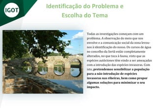 Todas as investigações começam com um
problema. A observação do meio que nos
envolve e a comunicação social da zona levou-
nos à identificação do nosso. Os cursos de água
no concelho da Sertã estão completamente
alterados, no que toca à fauna, visto que as
espécies autóctones têm vindo a ser ameaçadas
com a introdução das espécies invasoras. Com
isto, pretendemos sensibilizar a população
para a não introdução de espécies
invasoras nas ribeiras, bem como propor
algumas soluções para minimizar o seu
impacto.
Identificação do Problema e
Escolha do Tema
 