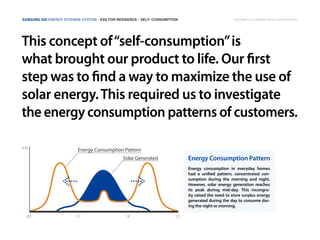This concept of“self-consumption”is
what brought our product to life. Our first
step was to find a way to maximize the use of
solar energy.This required us to investigate
the energy consumption patterns of customers.
Energy consumption in everyday homes
had a unified pattern, concentrated con-
sumption during the morning and night.
However, solar energy generation reaches
its peak during mid-day. This incongru-
ity raised the need to store surplus energy
generated during the day to consume dur-
ing the night or morning.
Energy Consumption Pattern
ESS
09
KW
12 18 22
Energy Consumption Pattern
Solar Generated
Samsung SDI Energy Storage System | ESS FOR RESIDENCE | self-consumption Copyright © 2014 Samsung SDI. All rights reserved
 