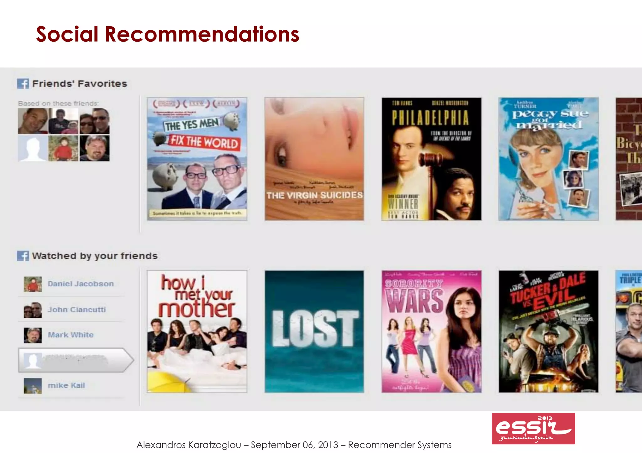 Alexandros Karatzoglou – September 06, 2013 – Recommender Systems
Social Recommendations
 