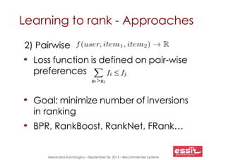 Alexandros Karatzoglou – September 06, 2013 – Recommender Systems
Learning to rank - Approaches
2) Pairwise
Loss function ...