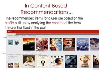 In Content-Based
Recommendations...
The recommended items for a user are based on the
profile built up by analysing the co...