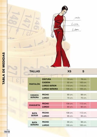 TABLA DE MEDIDAS




                      TALLAS                     XS         S

                                 CINTURA         70 cm.    78 cm.
                                 CADERA          92 cm.   100 cm.
                      PANTALÓN
                                 LARGO SEÑOR    110 cm.   110 cm.
                                 LARGO SEÑORA   105 cm.   105 cm.


                      CASACA     PECHO           90 cm.    98 cm.
                      SEÑORA     LARGO           70 cm.    70 cm.

                                 PECHO          108 cm.   112 cm.
                      CHAQUETA
                                 LARGO           80 cm.    80 cm.


                        BATA     PECHO          108 cm.   112 cm.
                       SEÑOR     LARGO           95 cm.    95 cm.


                       BATA      PECHO           90 cm.    98 cm.
                      SEÑORA     LARGO          100 cm.   100 cm.


          118 / 119
 