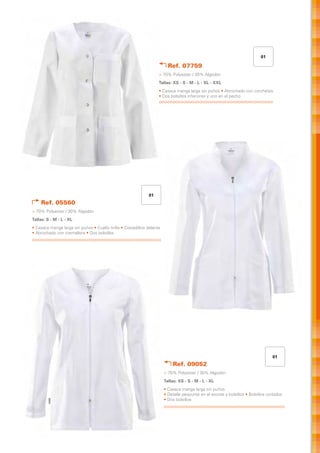 01

                                                                          Ref. 07759
                                                                    > 70% Polyester / 30% Algodón
                                                                    Tallas: XS - S - M - L - XL - XXL
                                                                    • Casaca manga larga sin puños • Abrochado con corchetes
                                                                    • Dos bolsillos inferiores y uno en el pecho




                                                              01
    Ref. 05560
> 70% Polyester / 30% Algodón
Tallas: S - M - L - XL
• Casaca manga larga sin puños • Cuello tirilla • Costadillos delante
• Abrochado con cremallera • Dos bolsillos




                                                                                                                                  01
                                                                            Ref. 09052
                                                                        > 70% Polyester / 30% Algodón
                                                                        Tallas: XS - S - M - L - XL
                                                                        • Casaca manga larga sin puños
                                                                        • Detalle pespunte en el escote y bolsillos • Bolsillos cortados
                                                                        • Dos bolsillos
 