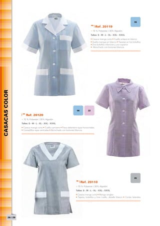06

                                                                                                  Ref. 20119
                                                                                              > 70 % Polyester / 30% Algodón
                                                                                              Tallas: S - M - L - XL - XXL - XXXL
                                                                                              • Casaca manga corta • Cuello solapa en blanco
                                                                                              • Vuelta mangas en blanco • Tapetas en los bolsillos
                                                                                              • Dos bolsillos inferiores y uno superior
                                                                                              • Abrochado con botones blancos
CASACAS COLOR




                                                                             06          22

                        Ref. 20120
                    > 70 % Polyester / 30% Algodón
                    Tallas: S - M - L - XL - XXL - XXXL
                    • Casaca manga corta • Cuello camisero • Pieza delantera rayas horizontales
                    • Costadillos rayas verticales • Abrochado con botones blancos




                                                                                                                                           05
                                                                                  Ref. 20110
                                                                            > 70 % Polyester / 30% Algodón
                                                                            Tallas: S - M - L - XL - XXL - XXXL
                                                                            • Casaca manga corta • Manga ranglan
                                                                            • Tapeta, bolsillos y tiras cuello, detalle blanco • Cortes laterales




          28 / 29
 