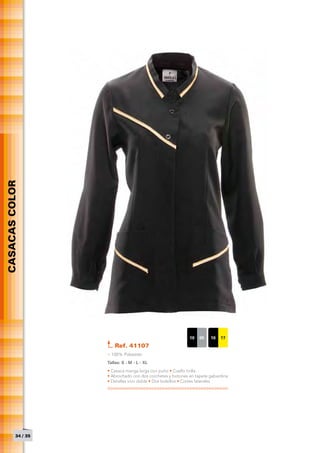 CASACAS COLOR




                                                            10   05   10   17
                        Ref. 41107
                    > 100% Polyester
                    Tallas: S - M - L - XL
                    • Casaca manga larga con puño • Cuello tirilla
                    • Abrochado con dos corchetes y botones en tapete gabardina
                    • Detalles vivo doble • Dos bolsillos • Cortes laterales




          34 / 35
 