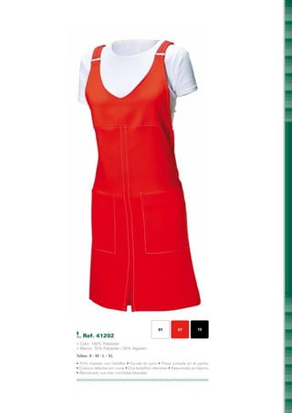 01         07         10
   Ref. 41202	
> Color: 100% Polyester
> Blanco: 70% Polyester / 30% Algodón
Tallas: S - M - L - XL
• Pichi tirantes con hebillas • Escote en pico • Pieza cortada en el pecho
• Costura delante con corte • Dos bolsillos inferiores • Repuntado en blanco
• Abrochado con tres corchetes laterales
 