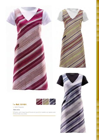 Ref. 51101
> 100% Polyester
Talla única	
• Estola - pichi rayas biaix • Escote en pico • Un bolsillo con tapeta color
• Abrochado con cintas
 