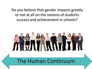 Do you believe that gender impacts greatly
  or not at all on the notions of students
   success and achievement in schools?




   The Human Continuum
 