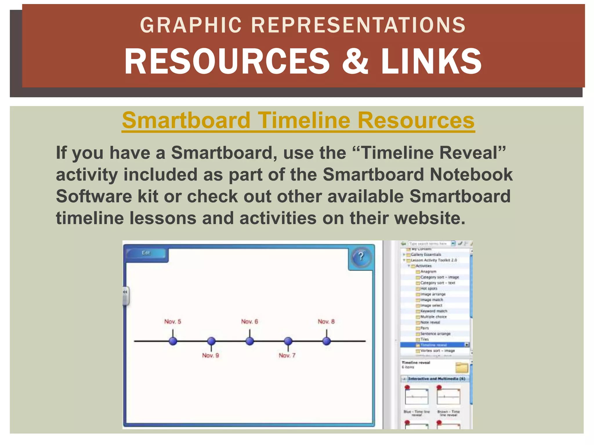 GRAPHIC REPRESENTATIONS
       RESOURCES & LINKS
       Smartboard Timeline Resources
If you have a Smartboard, use the “Timeline Reveal”
activity included as part of the Smartboard Notebook
Software kit or check out other available Smartboard
timeline lessons and activities on their website.
 