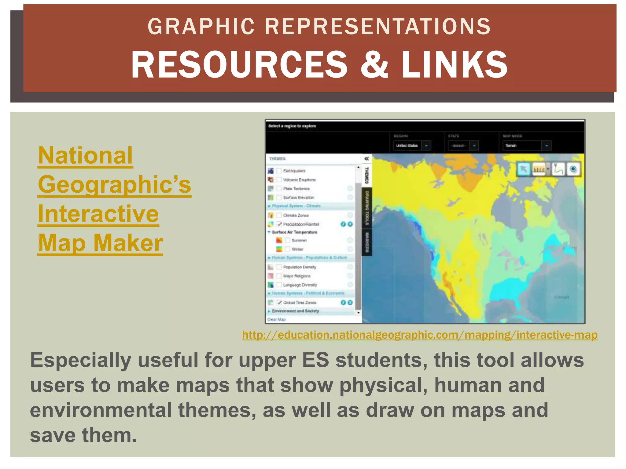 GRAPHIC REPRESENTATIONS
          RESOURCES & LINKS

National
Geographic’s
Interactive
Map Maker


                     http://education.nationalgeographic.com/mapping/interactive-map

Especially useful for upper ES students, this tool allows
users to make maps that show physical, human and
environmental themes, as well as draw on maps and
save them.
 