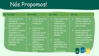 Nós propomos
Em Portugal Na escola Em casa Na rua
● Haver pontos de
recolha de
garrafas de plástico
disseminadas;
● As pessoas
ganharem prémios
monetários ou
vales de desconto
em supermercados
ou lojas locais da
freguesia por
entregas.
● O pão deixar de
vir em sacos
individuais.
● Cada escola
fazer um
concurso anual
entre turmas
para promover a
separação do
plástico.
● Campanhas
feitas pelos
alunos e para
todos.
● Cada pessoa ter
o seu saco
individual de
tecido para as
compras e
deixar de usar
sempre de
plástico.
● Tornar
obrigatória a
separação dos
lixos/ mudança
de
mentalidades.
● Serem passadas
multas a quem vai
na rua e atira lixo
para o chão.
● Haver uma maior
distribuição de
ecopontos pela via
pública e caixotes
do lixo apenas para
máscaras e lixo
orgânico
Nós Propomos!
 