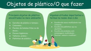 Principais objetos de plástico
encontrados no meio ambiente:
Algumas atitudes importantes a
termos no nosso dias à dia:
● Garrafas de plástico e tampas ;
● Cotonetes ;
● Pacotes de batatas fritas ou de
doces ;
● Pensos higiénicos;
● Talheres, pratos ;
● Palhinhas de plástico ;
● Escolha de sacos reutilizáveis nas
compras ;
● Escolha de palhinhas aço ou
alumínio;
● Escolha de produtos com
embalagens reutilizáveis ;
● Reciclar, reduzir e reutilizar ;
Objetos de plástico/O que fazer
 