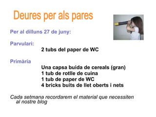 Per al dilluns 27 de juny: Parvulari: 2 tubs del paper de WC Primària Una capsa buida de cereals (gran) 1 tub de rotlle de cuina 1 tub de paper de WC 4 bricks buits de llet oberts i nets Cada setmana recordarem el material que necessiten al nostre blog Deures per als pares 