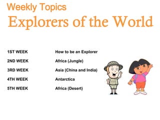 1ST WEEK How to be an Explorer 2ND WEEK Africa (Jungle) 3RD WEEK Asia (China and India) 4TH WEEK Antarctica 5TH WEEK Africa (Desert) Weekly Topics Explorers of the World 