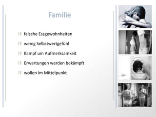 Familie

falsche Essgewohnheiten

wenig Selbstwertgefühl

Kampf um Aufmerksamkeit

Erwartungen werden bekämpft

wollen im Mittelpunkt
 