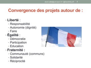 Convergence des projets autour de :
• Liberté :
• Responsabilité
• Autonomie (dignité)
• Faire
• Égalité :
• Démocratie
• Participation
• Education
• Fraternité :
• Communauté (communs)
• Solidarité
• Réciprocité
david.vallat@univ-lyon1.fr / @DavidVALLAT 7
 