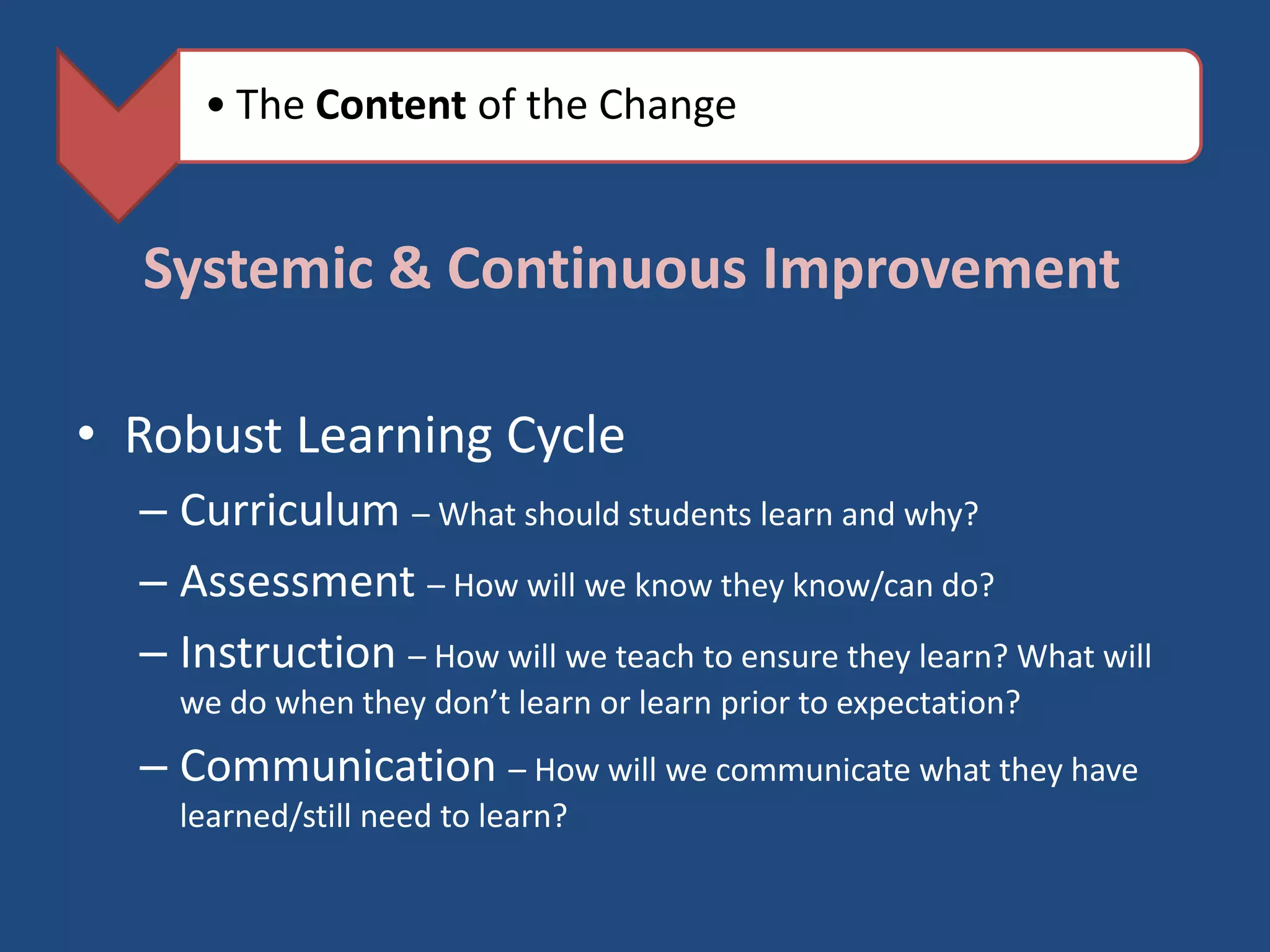 • The Content of the Change


  Systemic & Continuous Improvement

• Robust Learning Cycle
  – Curriculum – What should students learn and why?
  – Assessment – How will we know they know/can do?
  – Instruction – How will we teach to ensure they learn? What will
    we do when they don’t learn or learn prior to expectation?
  – Communication – How will we communicate what they have
    learned/still need to learn?
 