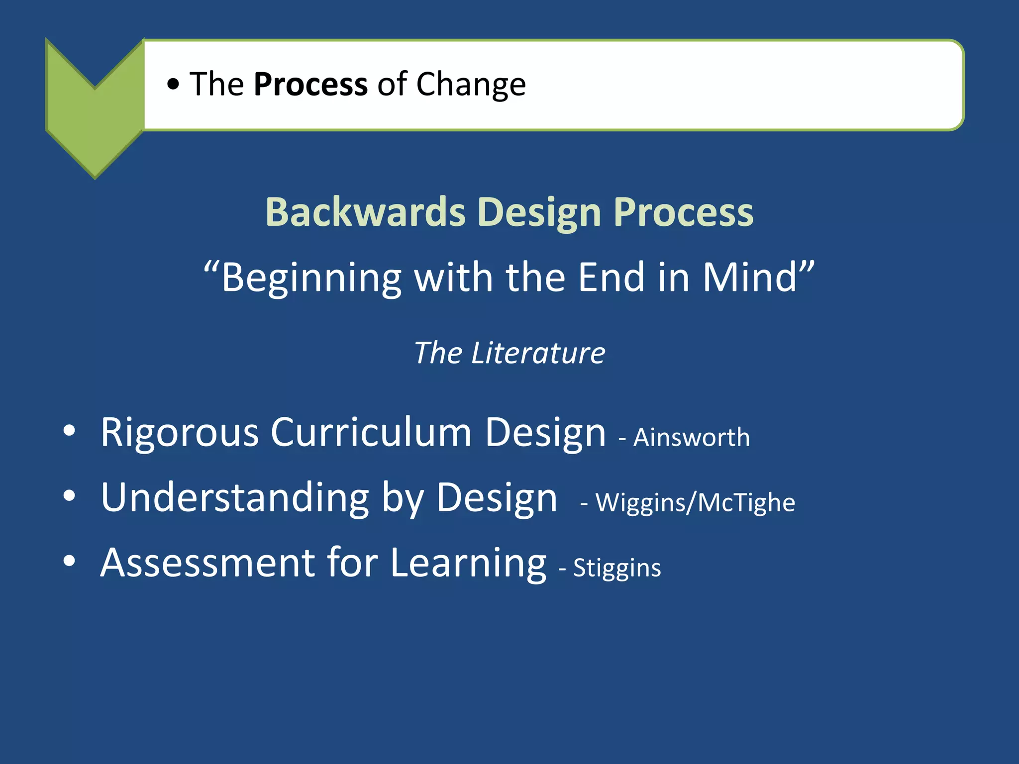 • The Process of Change


           Backwards Design Process
        “Beginning with the End in Mind”
                     The Literature

• Rigorous Curriculum Design - Ainsworth
• Understanding by Design - Wiggins/McTighe
• Assessment for Learning - Stiggins
 