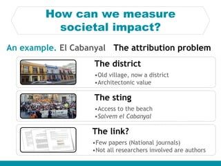 How can we measure
societal impact?
An example. El Cabanyal
The district
•Old village, now a district
•Architectonic value
The sting
•Access to the beach
•Salvem el Cabanyal
The link?
•Few papers (National journals)
•Not all researchers involved are authors
The attribution problem