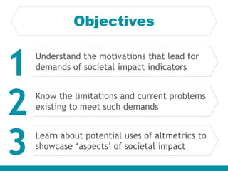 Objectives
Understand the motivations that lead for
demands of societal impact indicators
1
Know the limitations and current problems
existing to meet such demands
2
Learn about potential uses of altmetrics to
showcase ‘aspects’ of societal impact
3