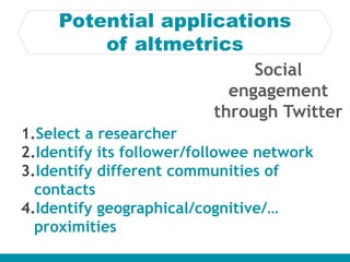 Potential applications
of altmetrics
Social
engagement
through Twitter
1.Select a researcher
2.Identify its follower/followee network
3.Identify different communities of
contacts
4.Identify geographical/cognitive/…
proximities