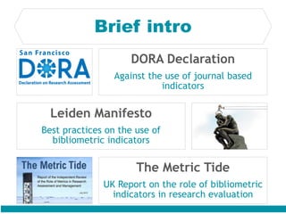 Brief intro
DORA Declaration
Against the use of journal based
indicators
Leiden Manifesto
Best practices on the use of
bibliometric indicators
The Metric Tide
UK Report on the role of bibliometric
indicators in research evaluation