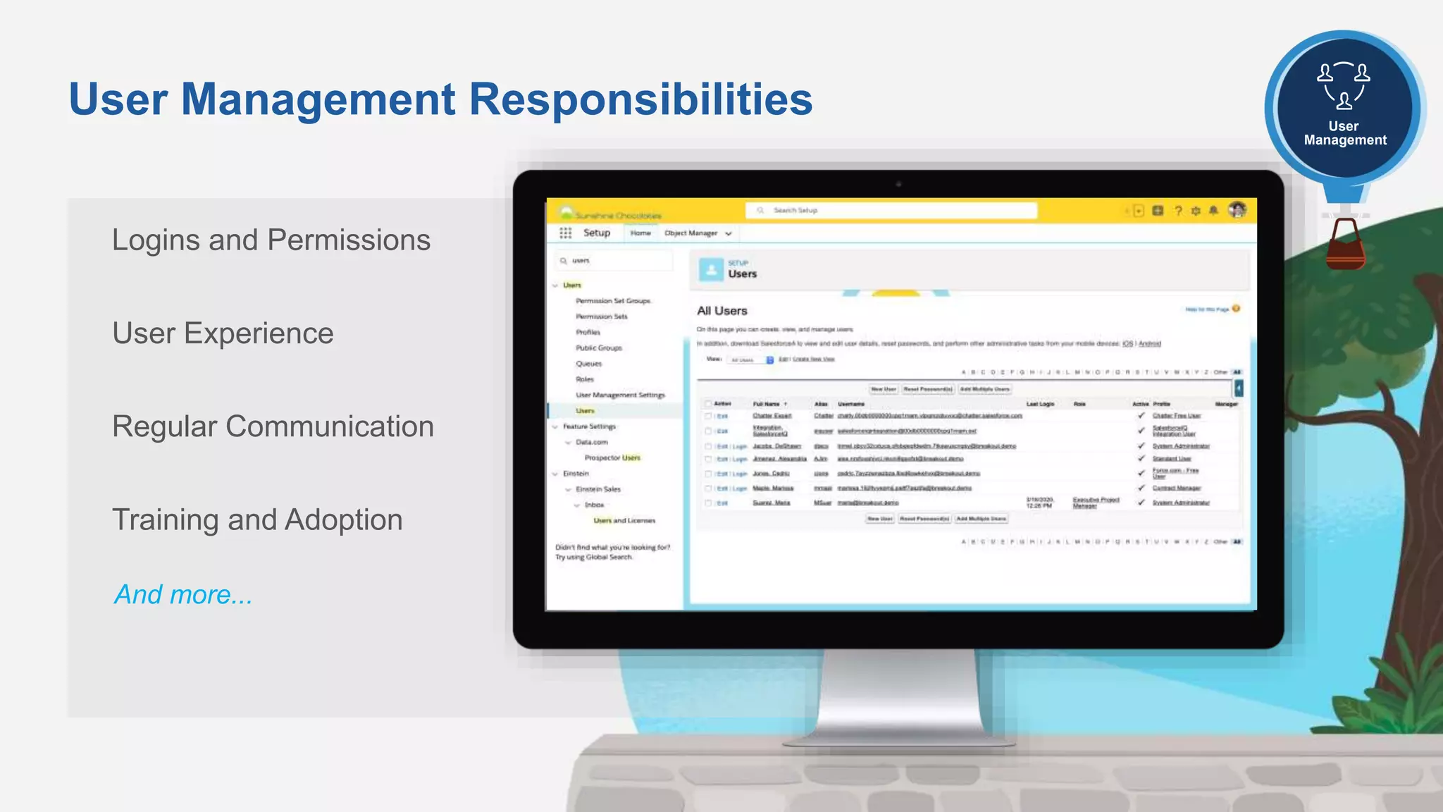User Management Responsibilities User
Management
Logins and Permissions
User Experience
Regular Communication
Training and Adoption
And more...
 
