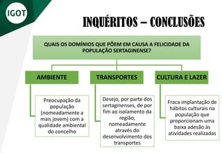INQUÉRITOS – CONCLUSÕES
QUAIS OS DOMÍNIOS QUE PÕEM EM CAUSA A FELICIDADE DA
POPULAÇÃO SERTAGINENSE?
AMBIENTE
Preocupação da
população
(nomeadamente a
mais jovem) com a
qualidade ambiental
do concelho
TRANSPORTES
Desejo, por parte dos
sertaginenses, de por
fim ao isolamento da
região,
nomeadamente
através do
desenvolvimento dos
transportes
CULTURA E LAZER
Fraca implantação de
hábitos culturais na
população que
proporcionam uma
baixa adesão às
atividades realizadas
 