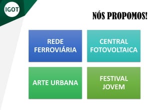 NÓS PROPOMOS!
REDE
FERROVIÁRIA
CENTRAL
FOTOVOLTAICA
ARTE URBANA
FESTIVAL
JOVEM
 