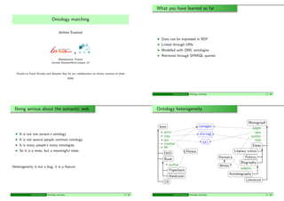 What you have learned so far

                                   Ontology matching

                                         J´rˆme Euzenat
                                          eo
                                                                                                     Data can be expressed in RDF
                                                                                                     Linked through URIs
                                                                                                     Modelled with OWL ontologies
                                                            &
                                                                                                     Retrieved through SPARQL queries
                                       Montbonnot, France
                                  Jerome.Euzenat@inrialpes.fr



  Thanks to Pavel Shvaiko and Natasha Noy for our collaboration on former versions of these
                                                   slides




                                                                                                              J´rˆme Euzenat
                                                                                                               eo              Ontology matching                                     2 / 36




 Being serious about the semantic web                                                              Ontology heterogeneity

                                                                                                                                                                         Monograph
                                                                                                    Item                                integer                            pages
                                                                                                       price                                                                isbn
    It is not one person’s ontology                                                                                                      string
                                                                                                       title                                                              author
    It is not several people common ontology                                                           doi                                                                  title
                                                                                                       creator                              uri
    It is many people’s many ontologies                                                                pp                                                                  Essay
    So it is a mess, but a meaningful mess.                                                                               Person                               Literary critics
                                                                                                       DVD
                                                                                                                                                   Human              Politics
                                                                                                       Book
                                                                                                                                                                   Biography
                                                                                                          author                                   Writer
Heterogeneity is not a bug, it is a feature                                                                                                                        subject
                                                                                                          Paperback
                                                                                                                                                            Autobiography
                                                                                                          Hardcover
                                                                                                                                                                       Literature
                                                                                                       CD


              J´rˆme Euzenat
               eo              Ontology matching                                          3 / 36              J´rˆme Euzenat
                                                                                                               eo              Ontology matching                                     4 / 36
 
