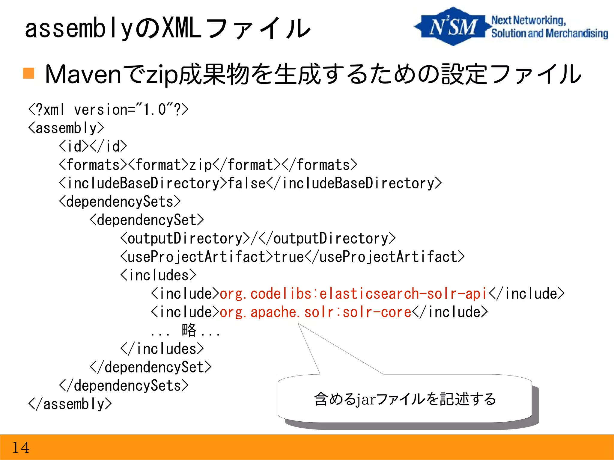  Mavenでzip成果物を生成するための設定ファイル
assemblyのXMLファイル
14
<?xml version="1.0"?>
<assembly>
<id></id>
<formats><format>zip</format></formats>
<includeBaseDirectory>false</includeBaseDirectory>
<dependencySets>
<dependencySet>
<outputDirectory>/</outputDirectory>
<useProjectArtifact>true</useProjectArtifact>
<includes>
<include>org.codelibs:elasticsearch-solr-api</include>
<include>org.apache.solr:solr-core</include>
... 略 ...
</includes>
</dependencySet>
</dependencySets>
</assembly> 含めるjarファイルを記述する含めるjarファイルを記述する
 