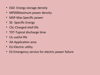 • ESD- Energy storage density
• MPD0Maximum power density
• MSP-Max Specific power
• SE- Specific Energy
• CSL-Charged shell life
• TDT-Typical discharge time
• UL-useful life
• AA-Application area
• EU-Electric utility
• ES-Emergency service for electric power failure
 