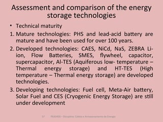 Assessment and comparison of the energy
storage technologies
PEA3450 – Disciplina: Coleta e Armazenamento de Energia
57 PEA3450 – Disciplina: Coleta e Armazenamento de Energia
57
• Technical maturity
1. Mature technologies: PHS and lead-acid battery are
mature and have been used for over 100 years.
2. Developed technologies: CAES, NiCd, NaS, ZEBRA Li-
ion, Flow Batteries, SMES, flywheel, capacitor,
supercapacitor, Al-TES (Aquiferous low- temperature –
Thermal energy storage) and HT-TES (High
temperature – Thermal energy storage) are developed
technologies.
3. Developing technologies: Fuel cell, Meta-Air battery,
Solar Fuel and CES (Cryogenic Energy Storage) are still
under development
 